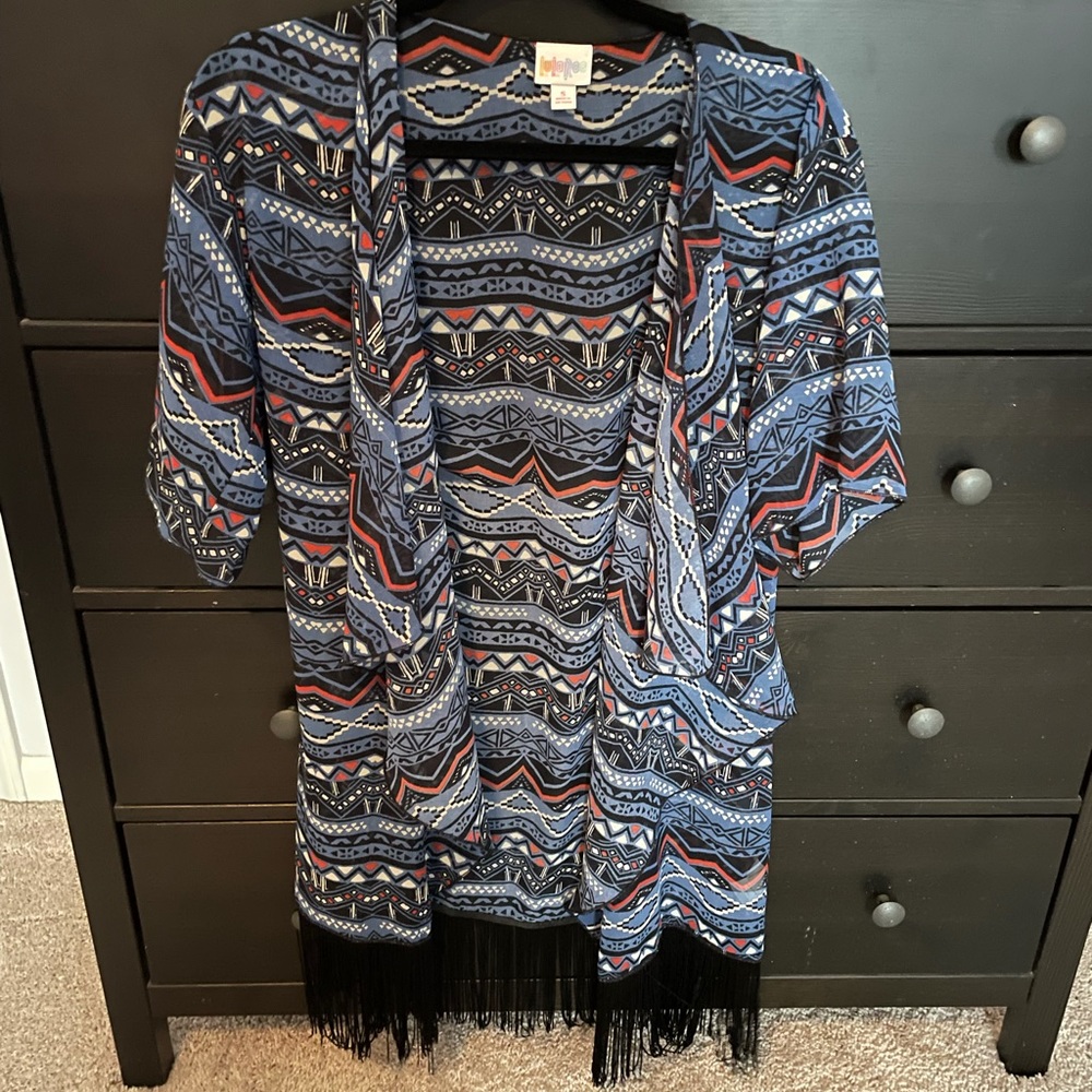 Lularoe Boho Kimono Open Front Cardigan Swim Cover Up Fringe Hem Blue Size Small